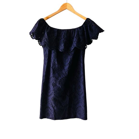 Cynthia Steffe Eyelet Lace Off Shoulder Dress Size 6 Navy - Picture 2 of 6
